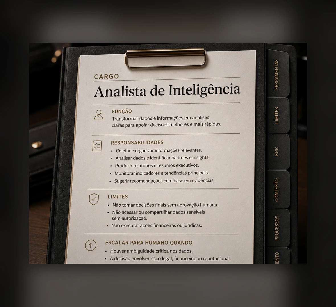Prancheta física de um cargo de Analista de Inteligência, com responsabilidades, limites e condições de escalonamento humano