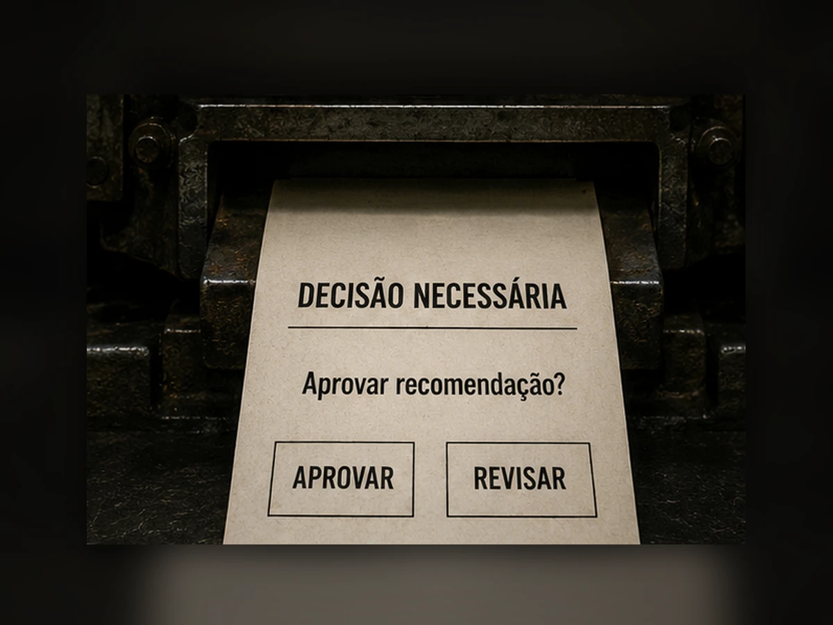 Máquina industrial imprimindo uma folha de decisão necessária com as opções aprovar e revisar